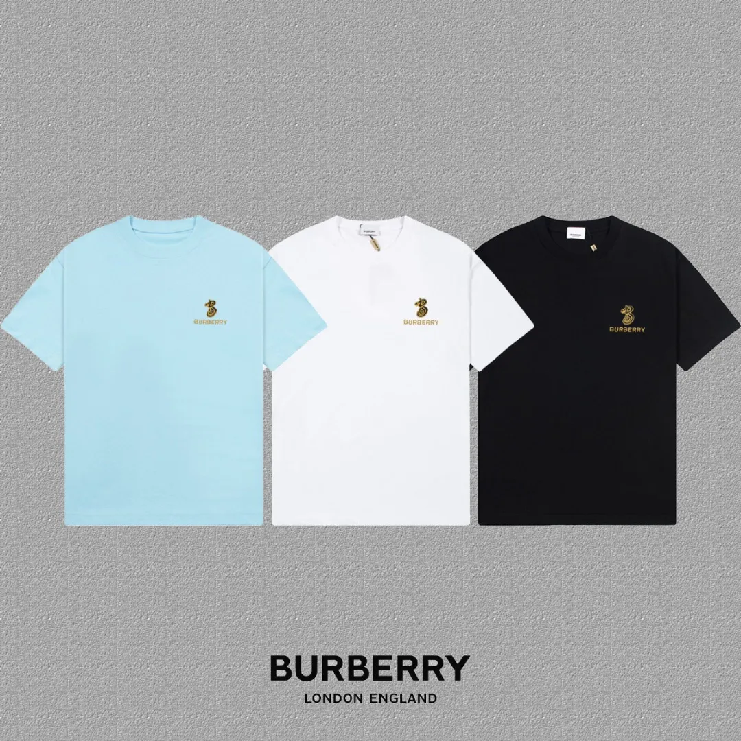 P85✨🔥 [BURBERRY] 2026FW short-sleeved T-shirt, embroidery technology, Premium 26s double yarn 300g fabric, heavy fabric, custom stretcher rib, same vat and dye, complete three labels, same style for men and women, Color: Black White Gray Size: S M L XL 2XL